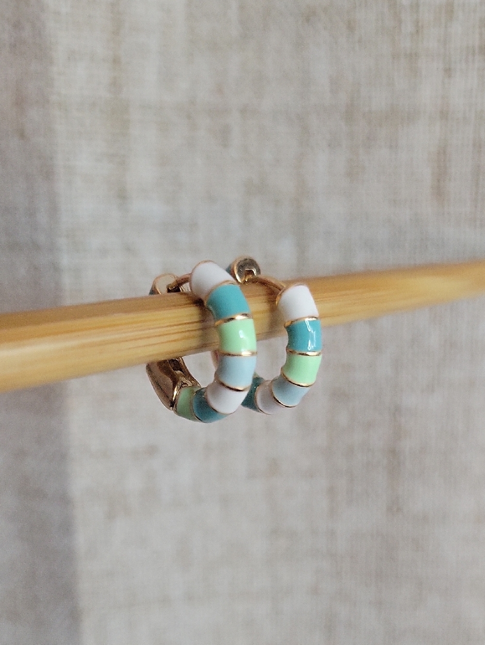 π₯LAST PAIRπ₯ Gold Huggie Hoop Earrings with Turquoise, Mint and White Enamel - Picture 3 of 6